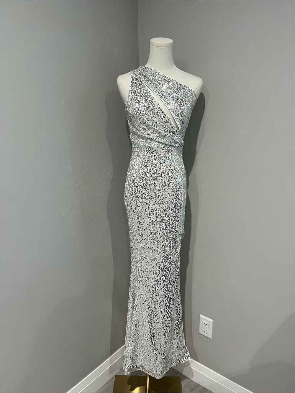 Silver One-Shoulder Sequin Gown with Asymmetric Cutout